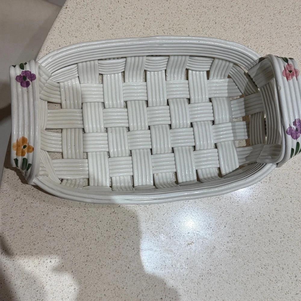 White Woven Basket with Floral Accents